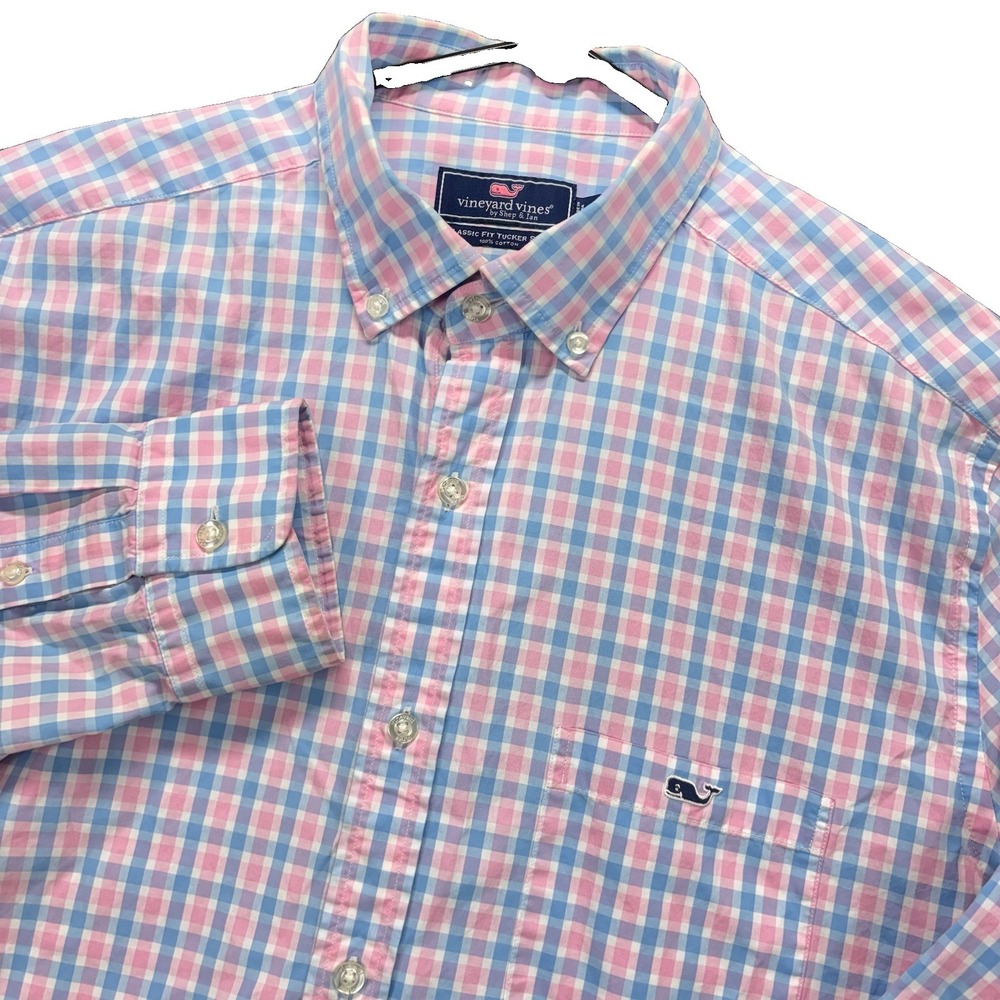 Vineyard Vines Tucker Shirt Mens L Classic Fit Pink Blue Gingham Check Preppy